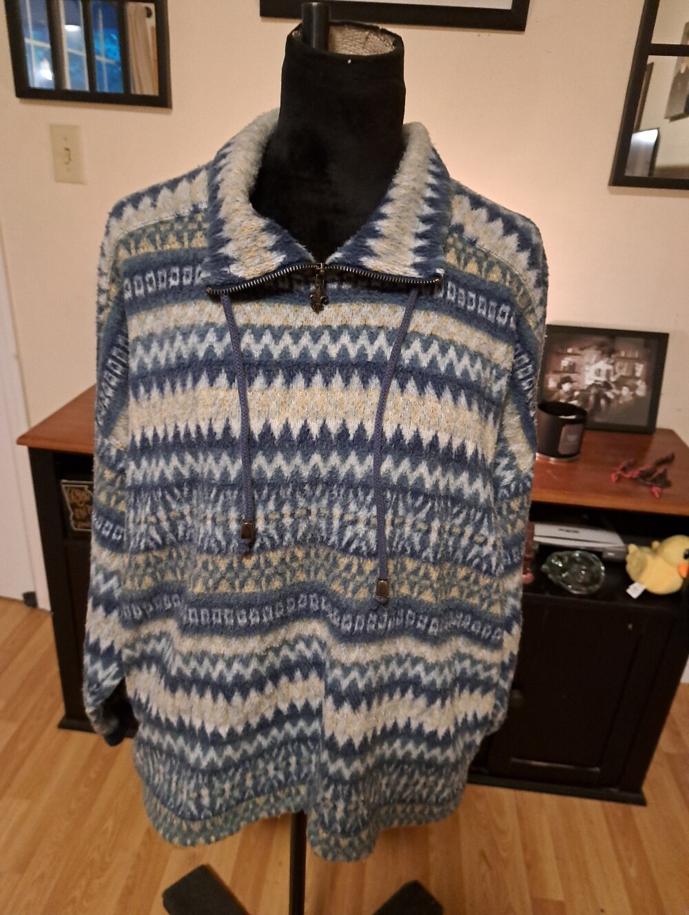 French Country Express Fair Isle Quarter Zip Sweater Blue Knit Drawstring Small